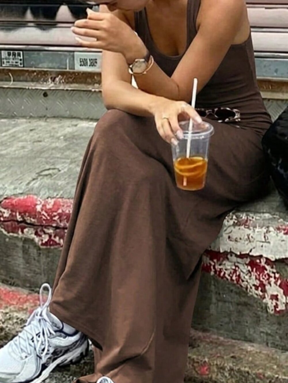 Brown Casual Women's Beach Vacation Style Long Sundress - Picture 4 of 5